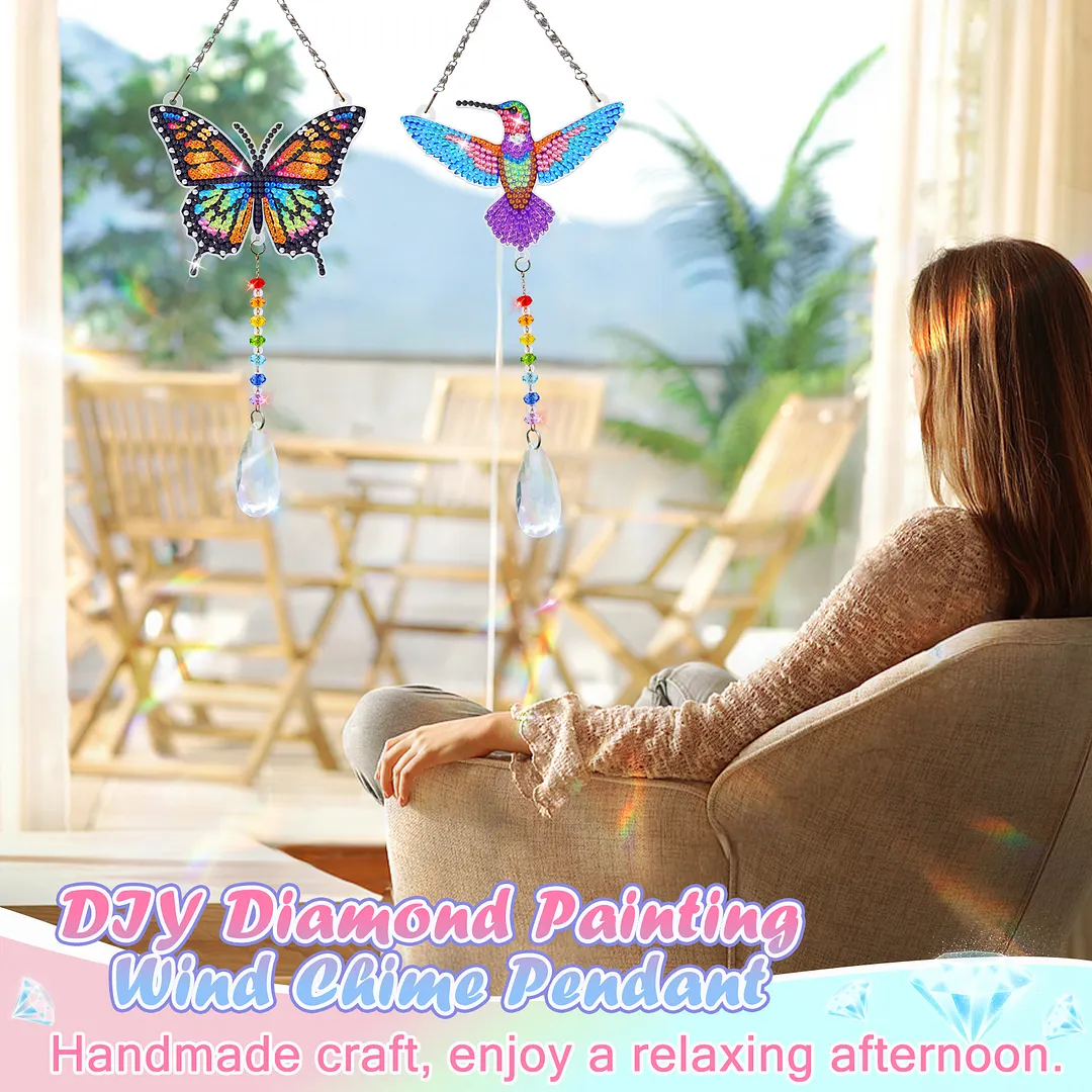 2Pcs Beautiful Butterflies and Hummingbirds DIY Double-Sided Diamond Painting Hanging Kits Diamond Painting Suncatcher Craft Kit for Home Garden Wall Decor Gift