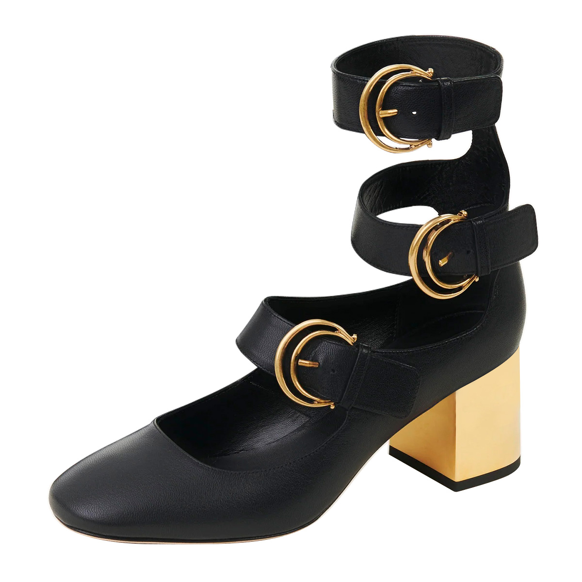 Black Buckle Triple Strap Square Toe Block Heel Pumps for Women
