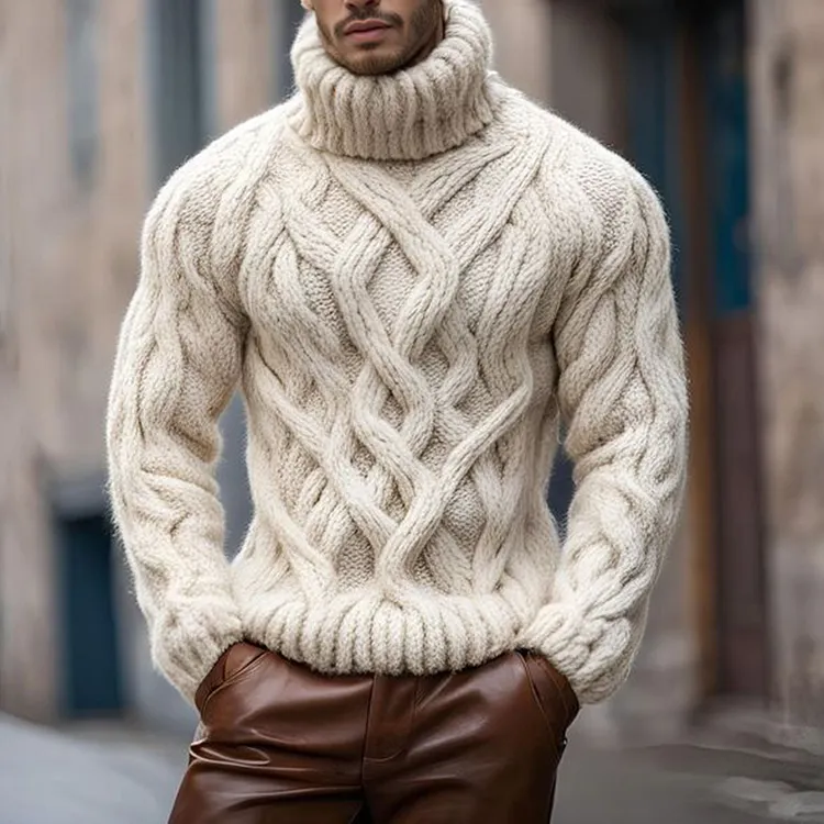 Men'S Vintage Knit Jacquard Turtleneck Sweater