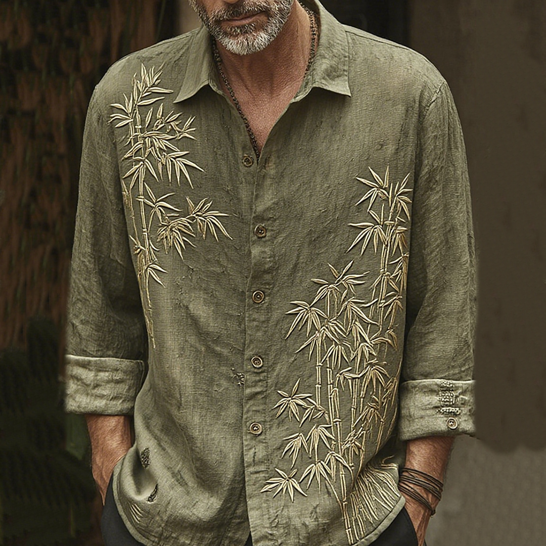 Men's Vintage Bamboo Embroidery Art Long Sleeve Shirt  artssus