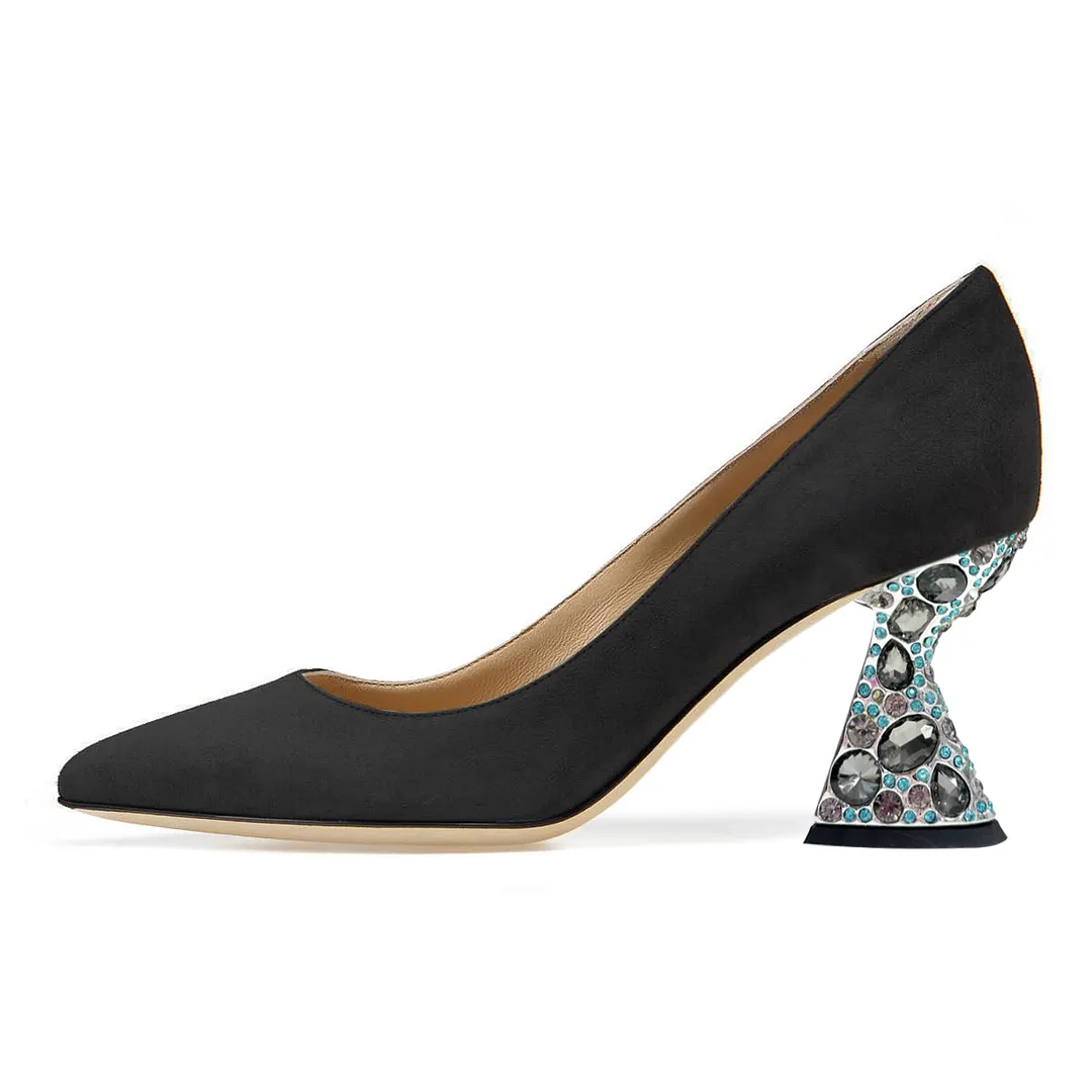 Faux Suede Black Pumps with Colorful Rhinestone Embellished Heels 