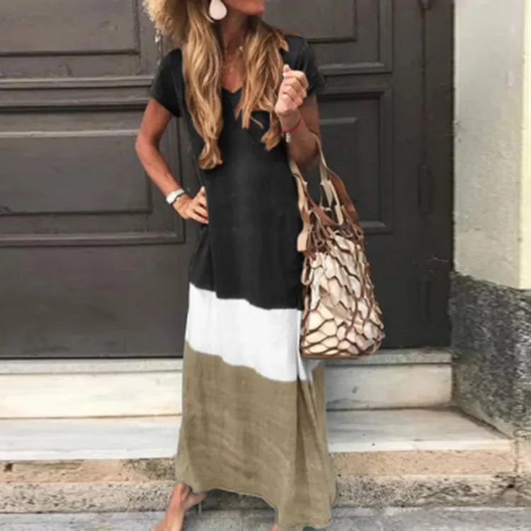 Three-color Short Sleeve Stitching Dress