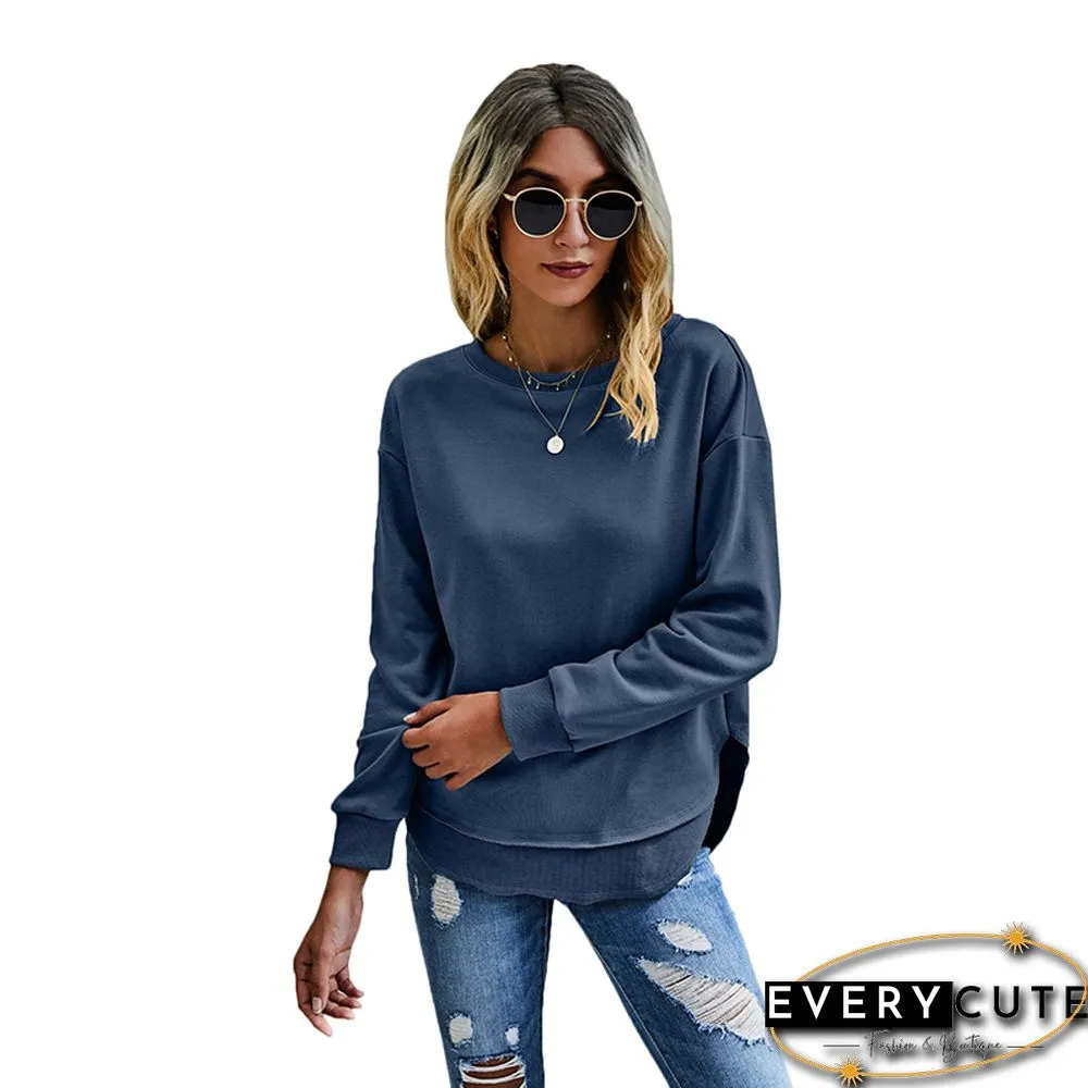 Navy Blue Side Slit Casual Pullover Sweatshirt