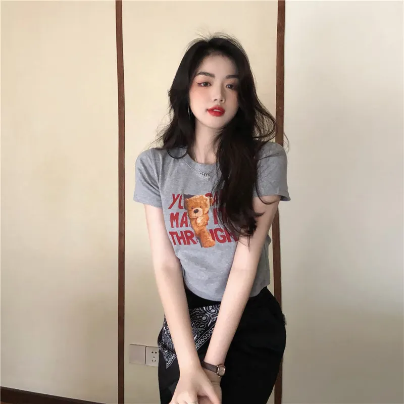 Brownm Brownm 2023 New Korean Letter Bear Print Short-Sleeved T-Shirt Women Slim Short Top Women's Wear