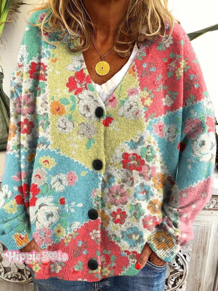 Women Vintage Floral Patchwork Art Print Buttoned V-Neck Cardigan Sweater Multicolor / S