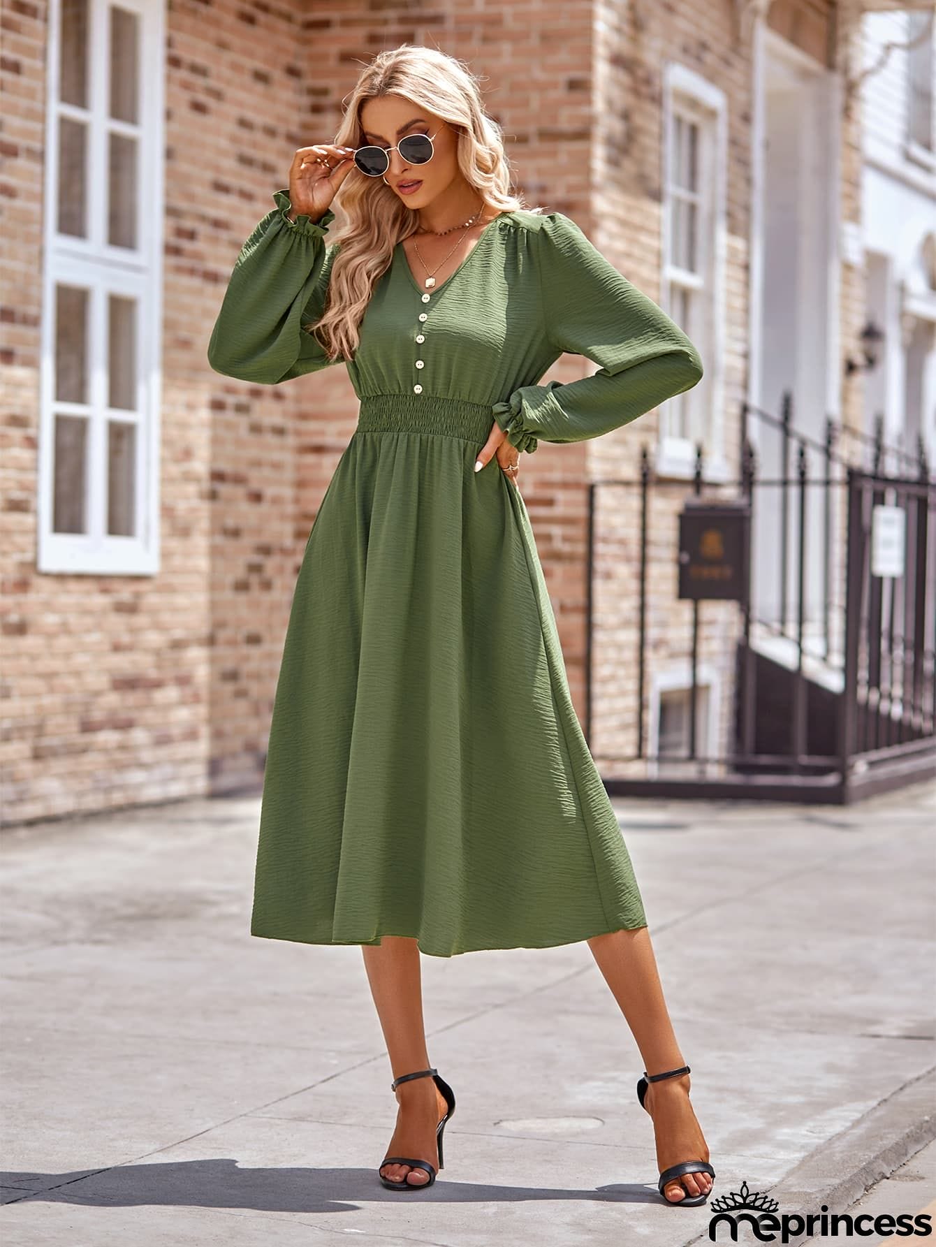 Buttoned V-Neck Flounce Sleeve Midi Dress
