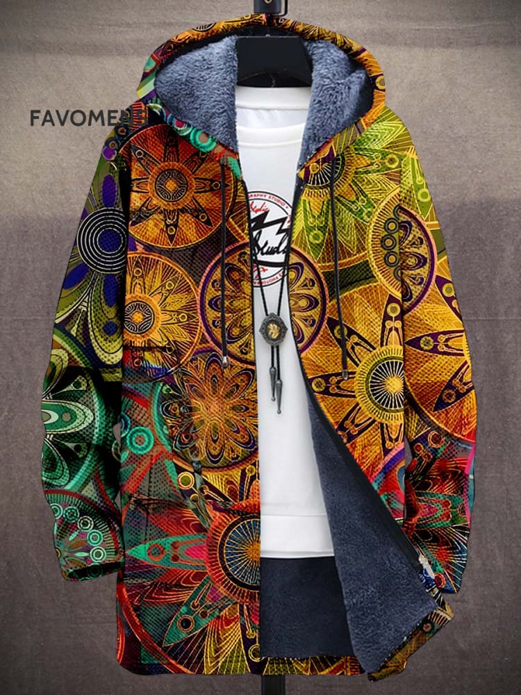 Retro Art Print Unisex Plush Thick Long-Sleeved Sweater Coat Cardigan Multicolor / S