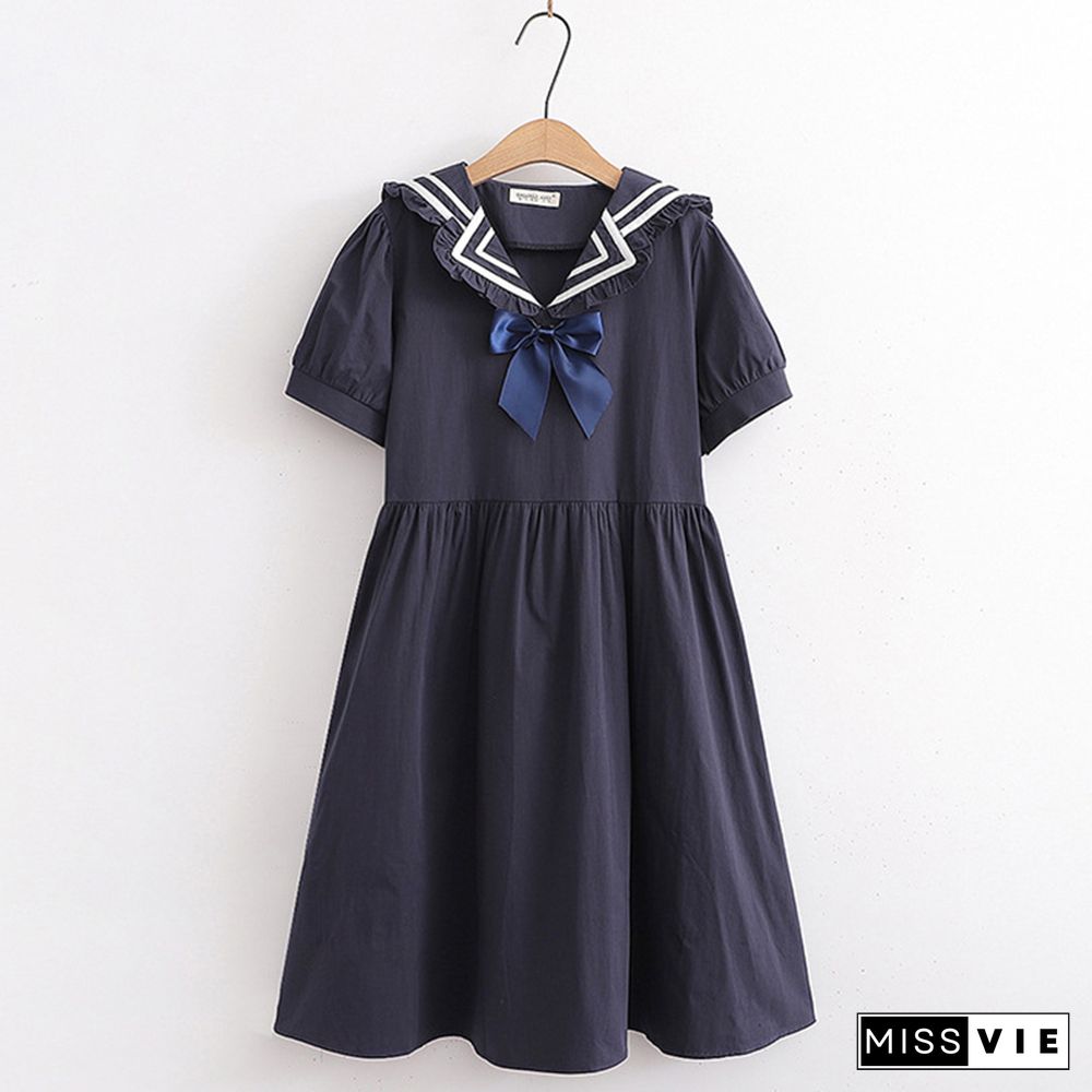 Bow Decor Sailor Collar Lace Up A-line Dress