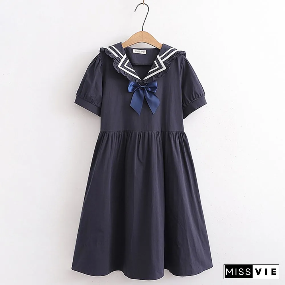Bow Decor Sailor Collar Lace Up A-line Dress