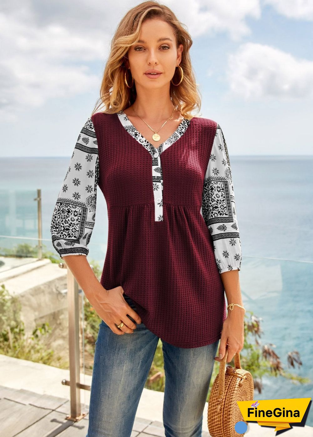 Leisure V Neck Pattern Sleeve Top