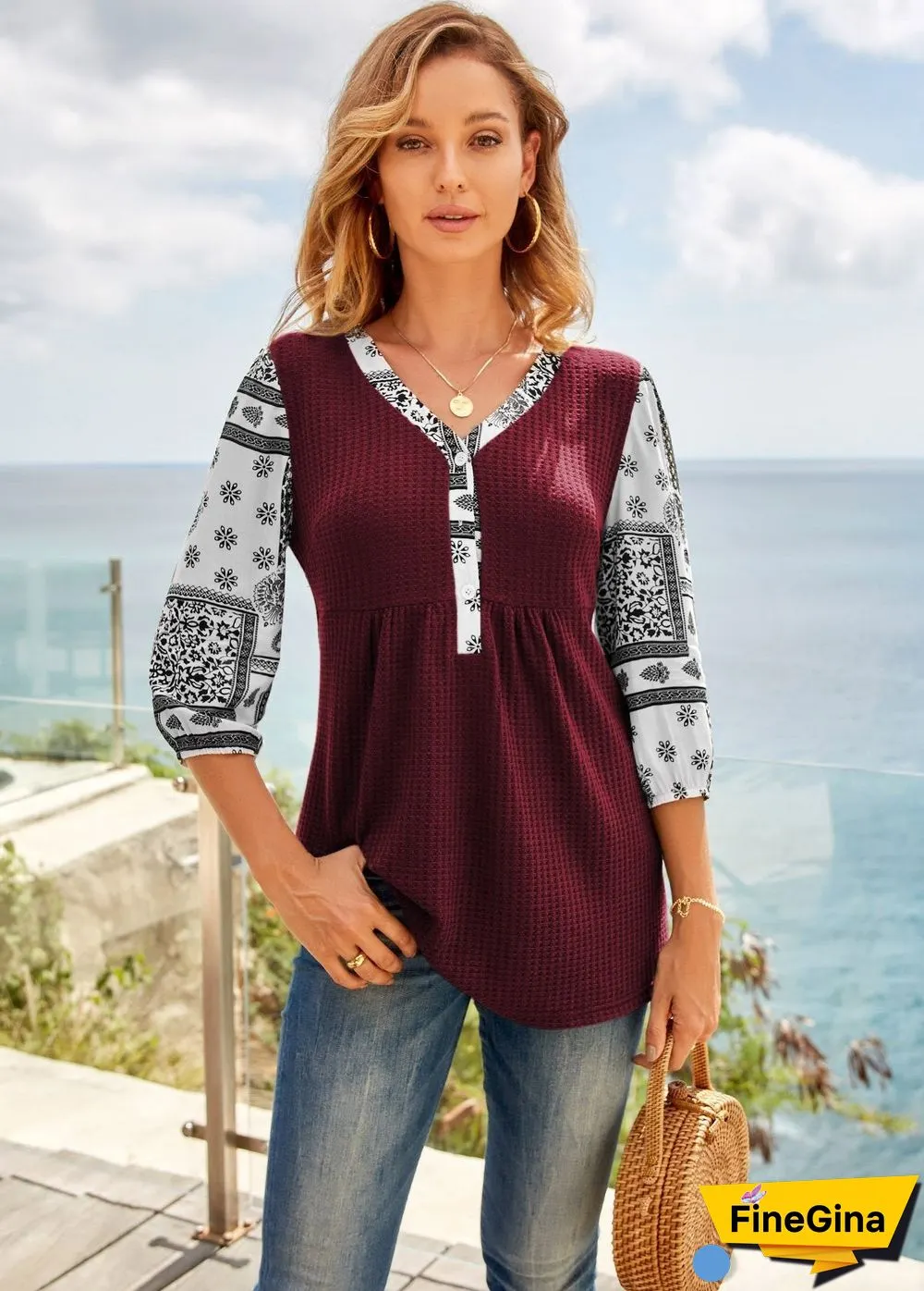 Leisure V Neck Pattern Sleeve Top
