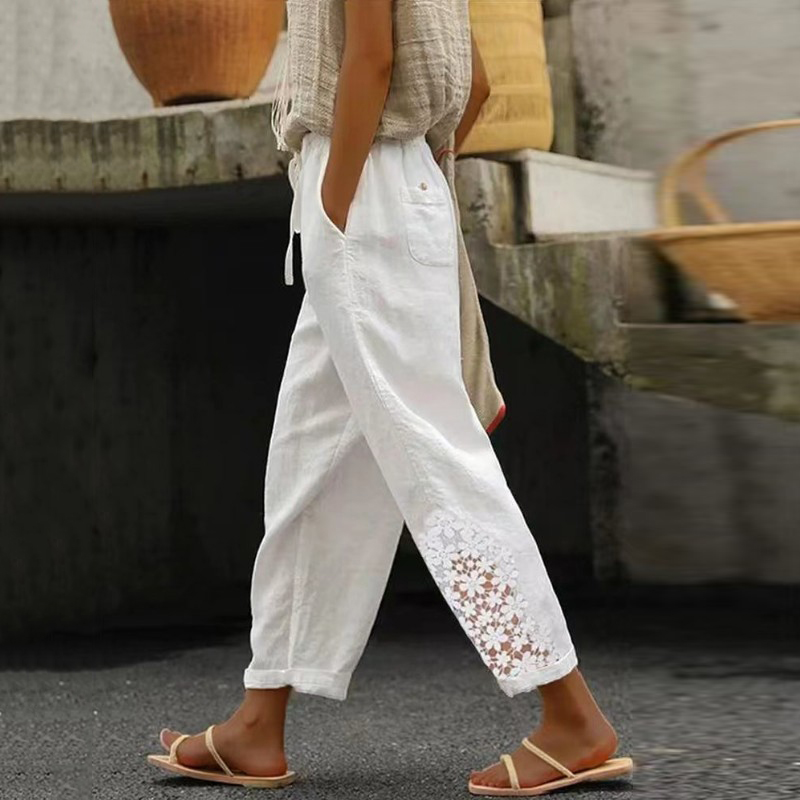 Comstylish Retro Floral Lace Linen Blend Cozy Women's Pants