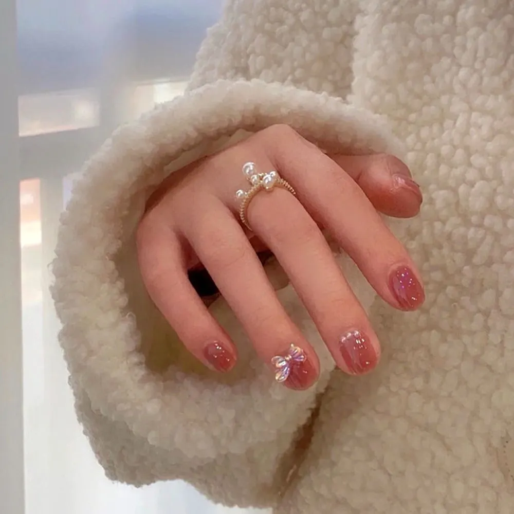 24Pcs Artificial False Nail Short Square Head False Nails Red Bow Decor False Nails With Designs Press On Nails Accessory
