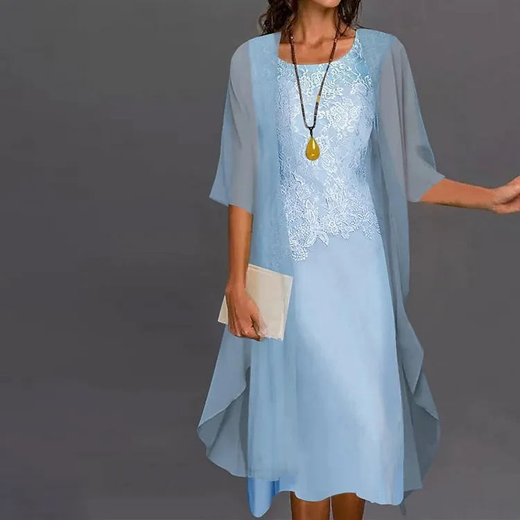 Chiffon Solid Lace Sleeveless Two Piece Midi Dress