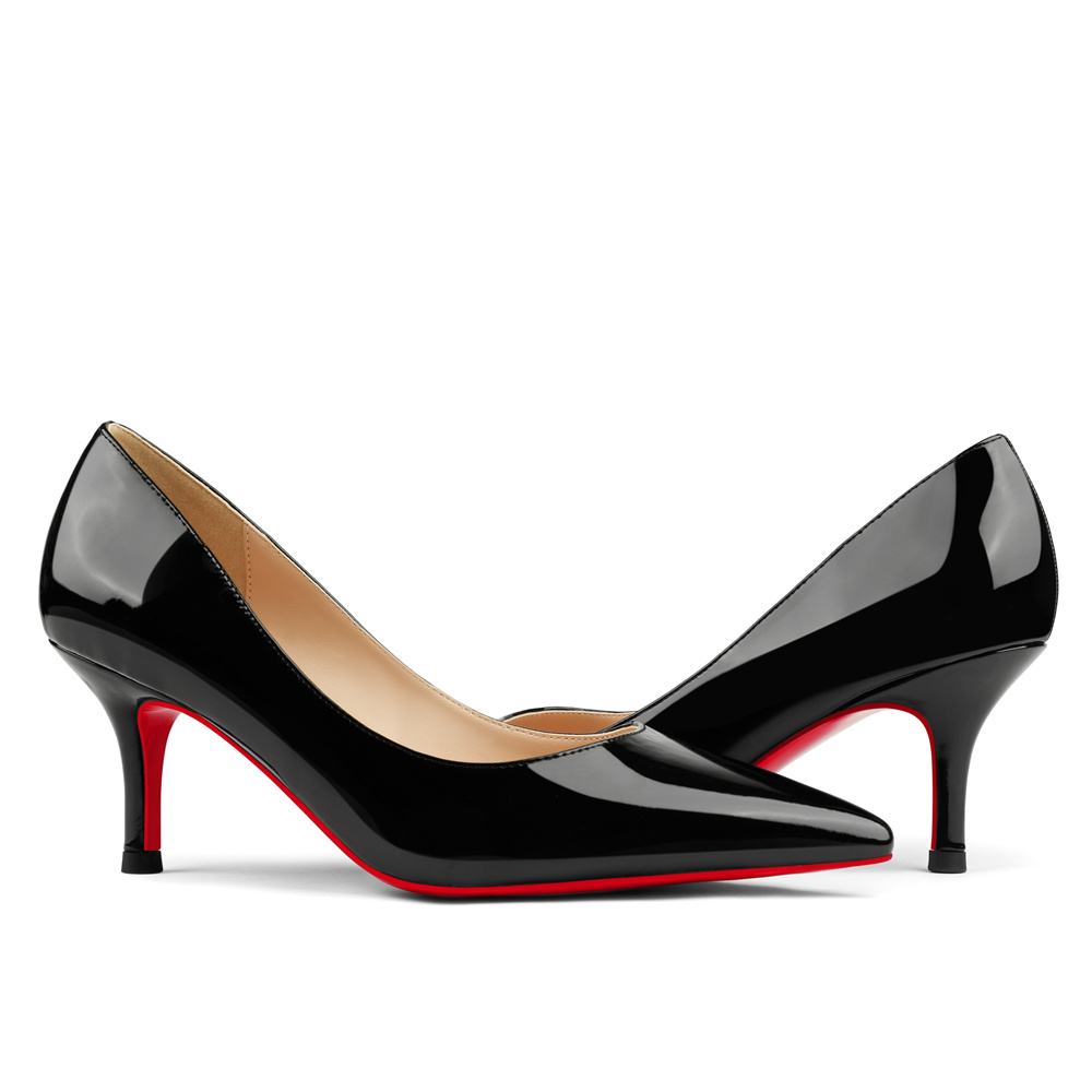 60mm Pointed Toe Red Bottom Kitten Heels Daily Patent Pumps for Women-MERUMOTE