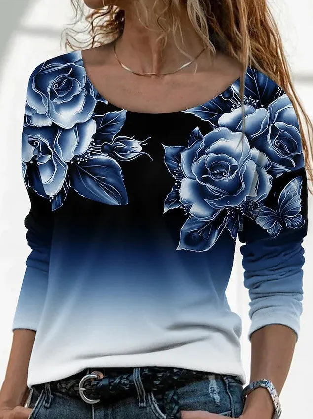 Brownm Long Digital Printing Sleeve Loose Neck Casual Pullover Print T-shirt