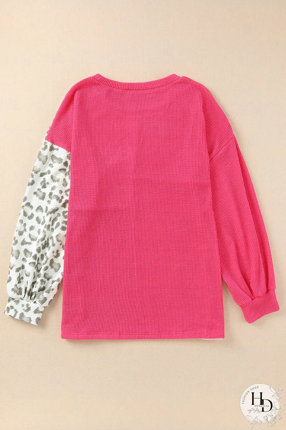 Pink Leopard Patchwork Color Block Ribbed Top