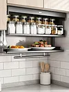 Wall-Mounted Kitchen Storage Cabinet with Pull-Down Double-Layer Shelf Carbon Steel Spice Rack Organizer for Utensils Food Prep & Countertop Organization