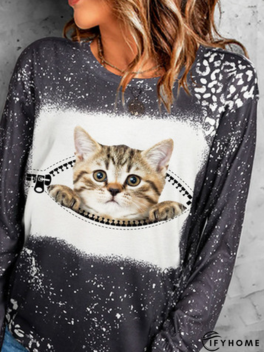 Loose Cat Printed Crew Neck Casual Sweatshirt | IFYHOME