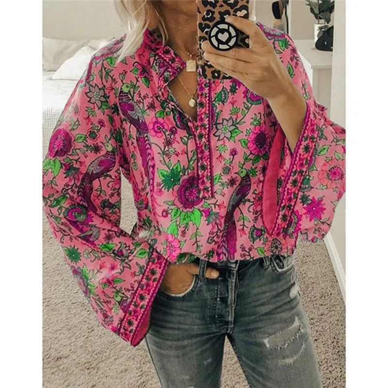 GAOKE Women Tops And Blouses Long Sleeve Bohemian Beach Loose Female Shirt Blouse Boho Fashion V Neck Lady Top Blusas
