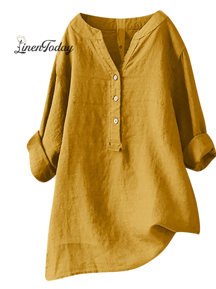 Women&rsquo;s Retro Cotton And Linen Casual Shirt Yellow / S