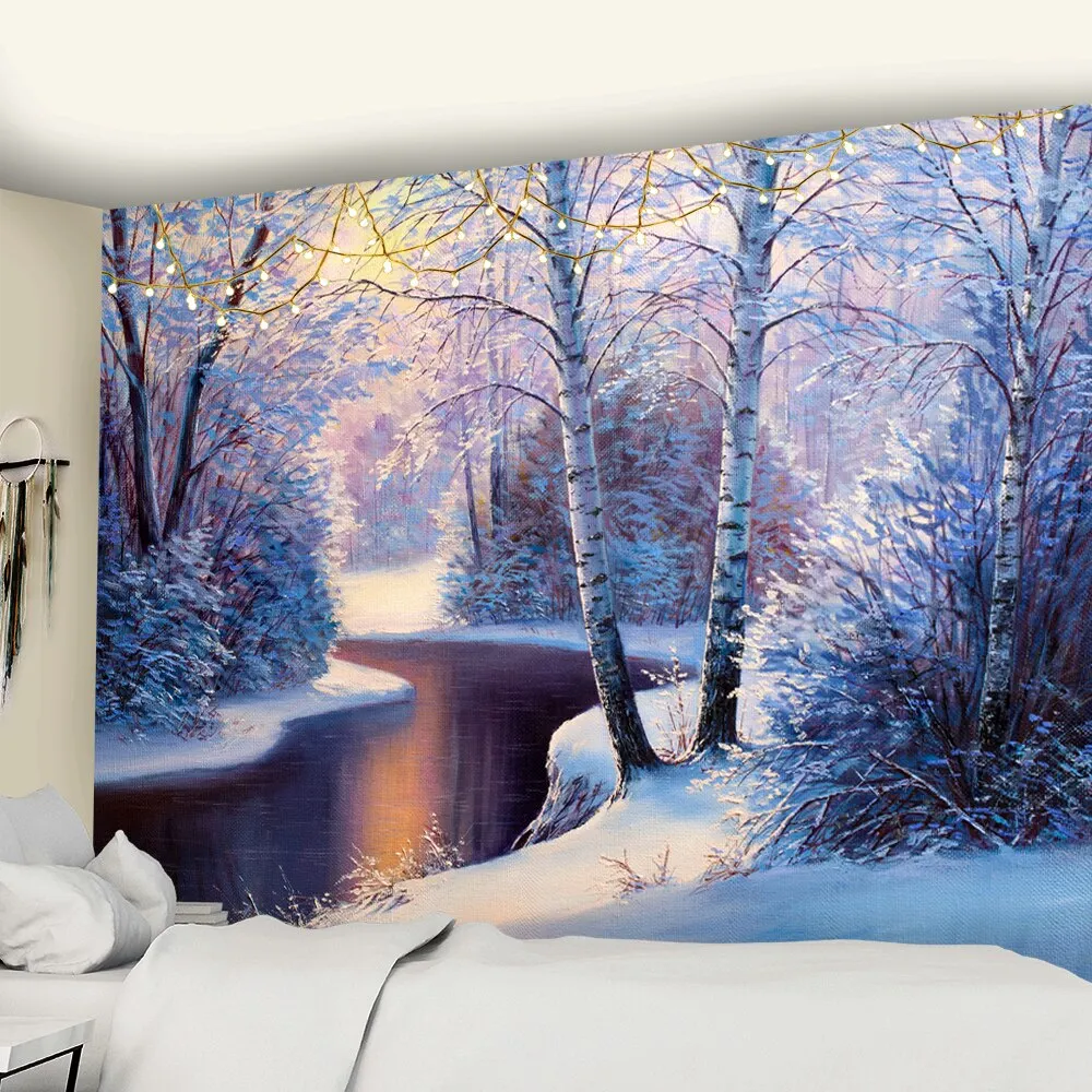 Christmas Village Wooden House Tapestry Ice And Snow Style Wall Hanging Merry Christmas Tapestry For Home Deco Christmas Gift
