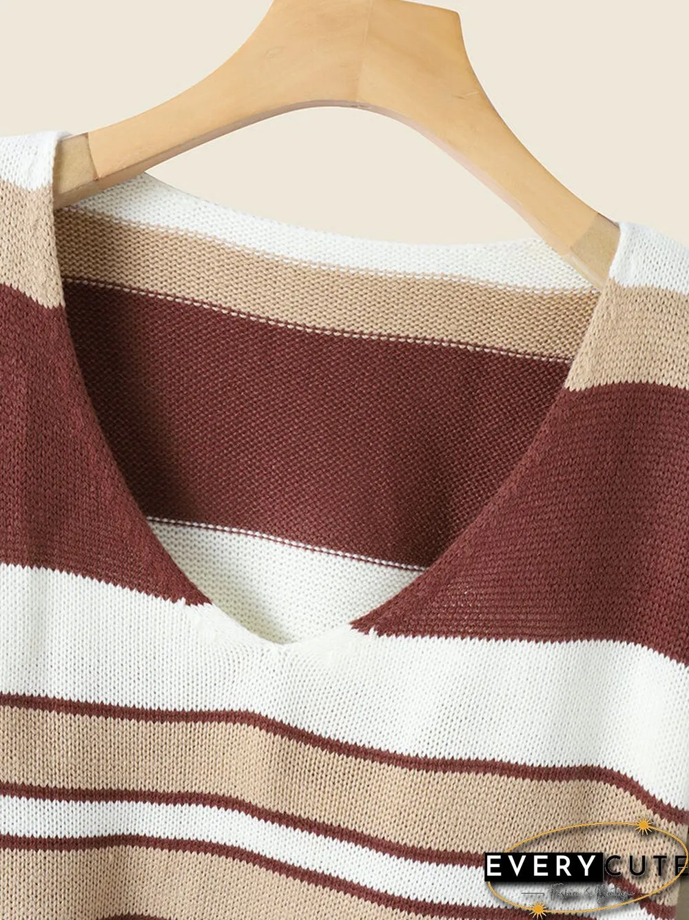 Ombre Stripe Loose Dropped Shoulder V-neck Long Sleeve Sweater