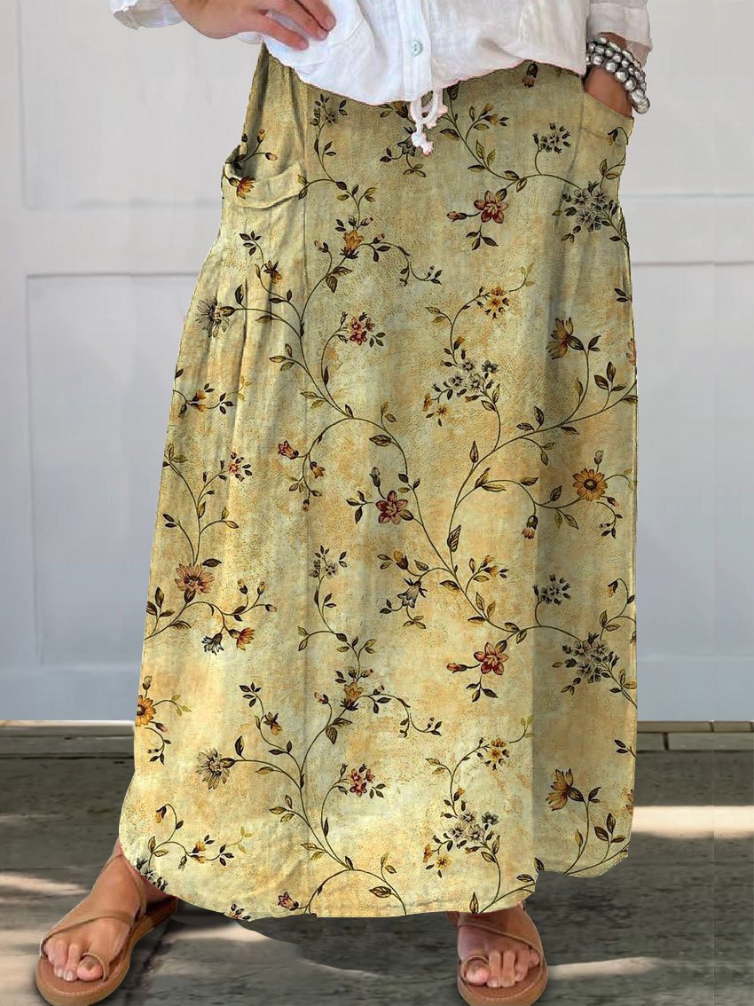 Women's  Floral Print Linen Pocket Skirt