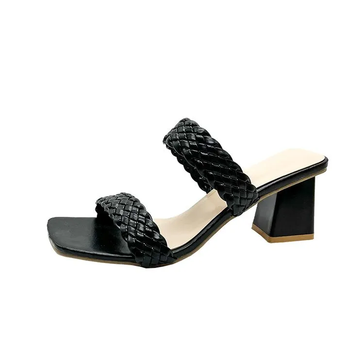 2022 New Fashion Summer Women Sandals Ladies Shallow Mouth Colorblock High Thick Shoes Middle Heel Ladies Slippers Plus Size