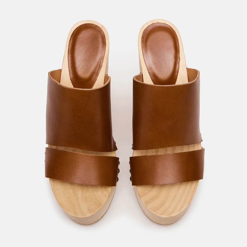 Brown Open-Toe Studded Cylinder Heel Platform Slide Sandals