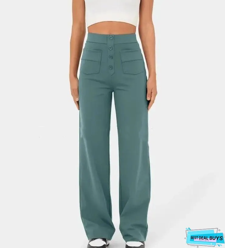Women's Straight High Waist Button Elastic Band Pants