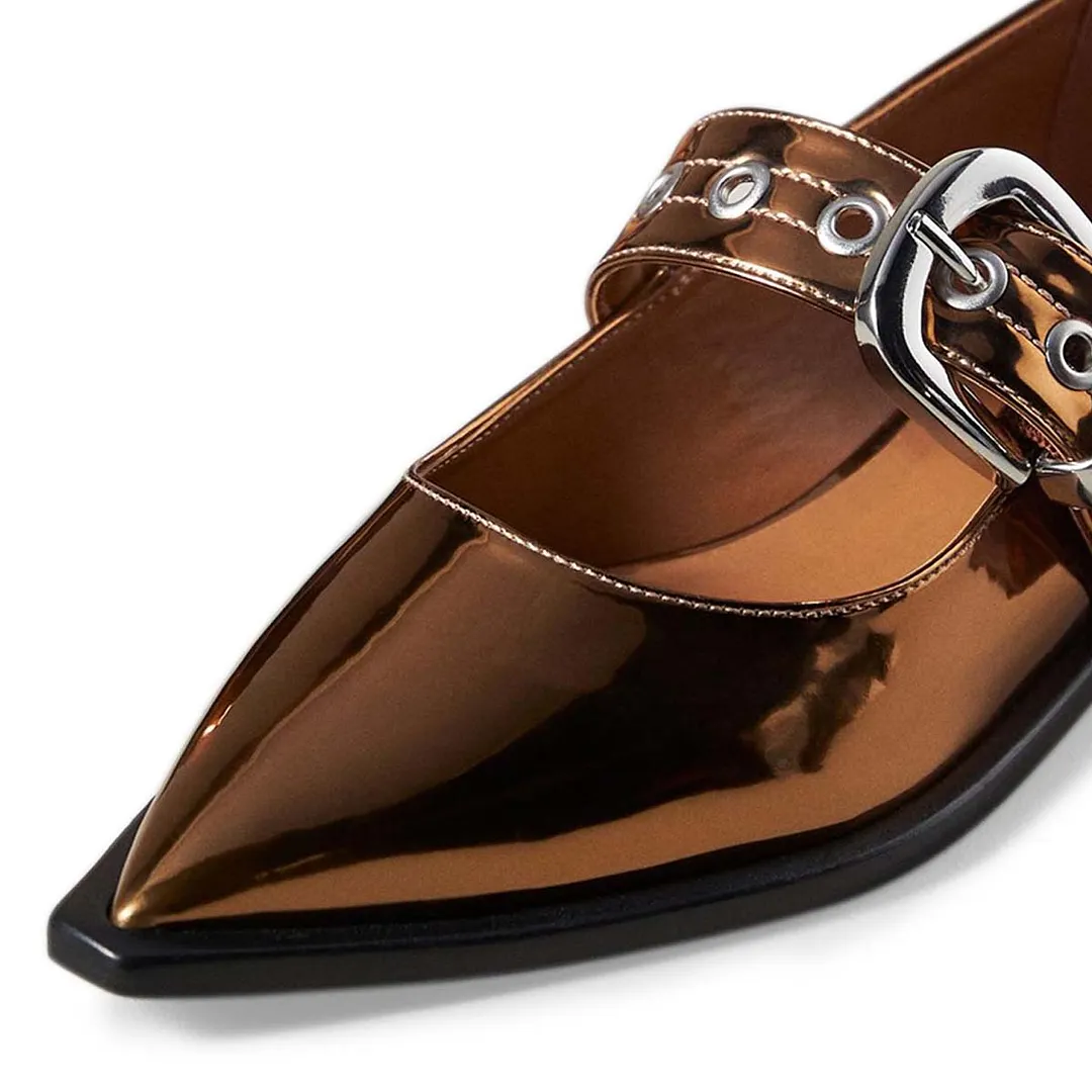 Gold Patent Pointed Toe Flat Mary Jane Pumps with Buckle Strap