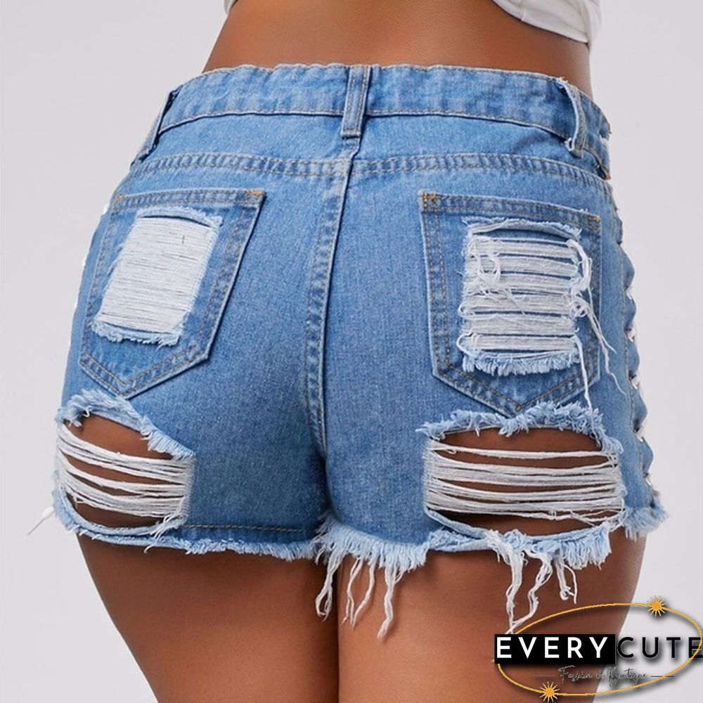 Sexy Summer Women Denim Shorts Blue High Waist Ripped Short Jeans Femme Tassel Lace Up Bandage Shorts