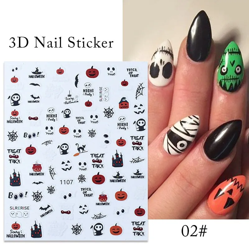 1pcs Halloween Pumpkin Skull Design 3D Nail Stickers Geometry Christmas Snowflake Winter Slider Nail Foils Manicures Decoration