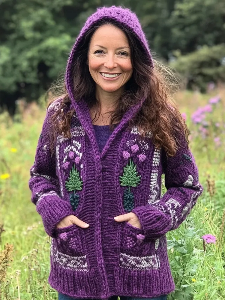 Scottish Floral Knitting Pattern Women's Hooded Cardigan