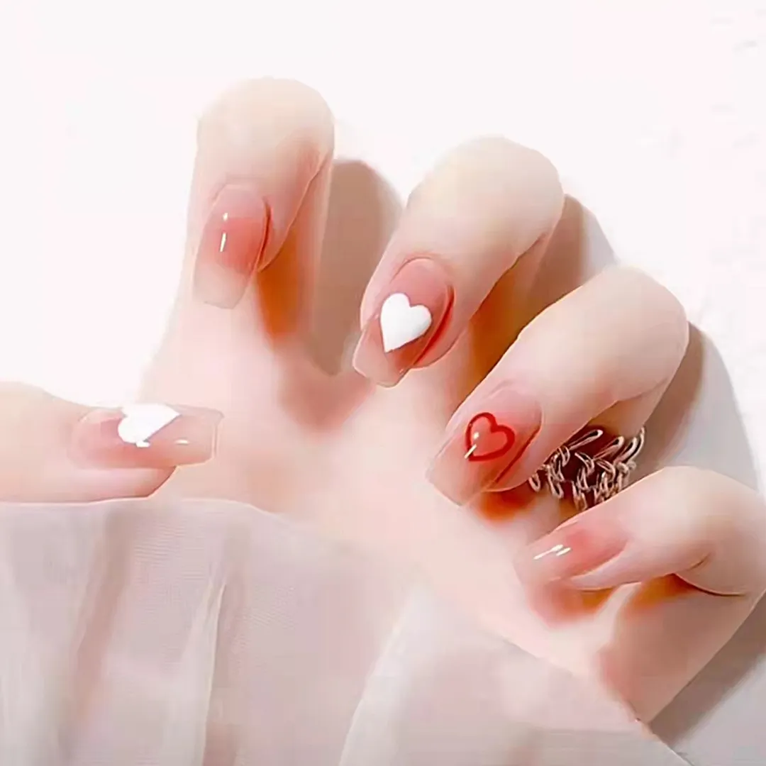24Pcs Coffee Color With Grids Heart Designs False Nail Full Cover Fake Nails with Glue Detachable Wearable Manicure Nail Tips-Nail Inspo