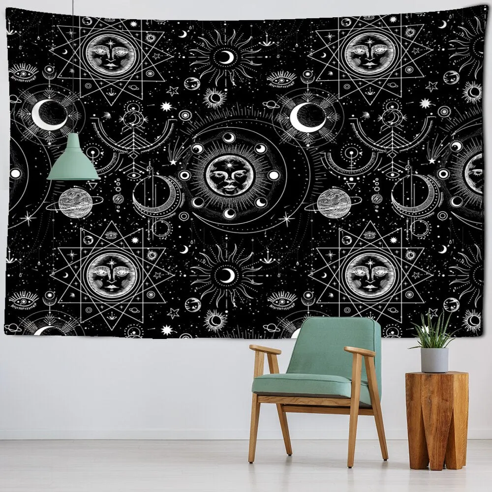 White Black Sun Moon Mandala Starry Sky Tapestry Wall Hanging Bohemian Gypsy Psychedelic Tapiz Witchcraft Astrology Tapestry