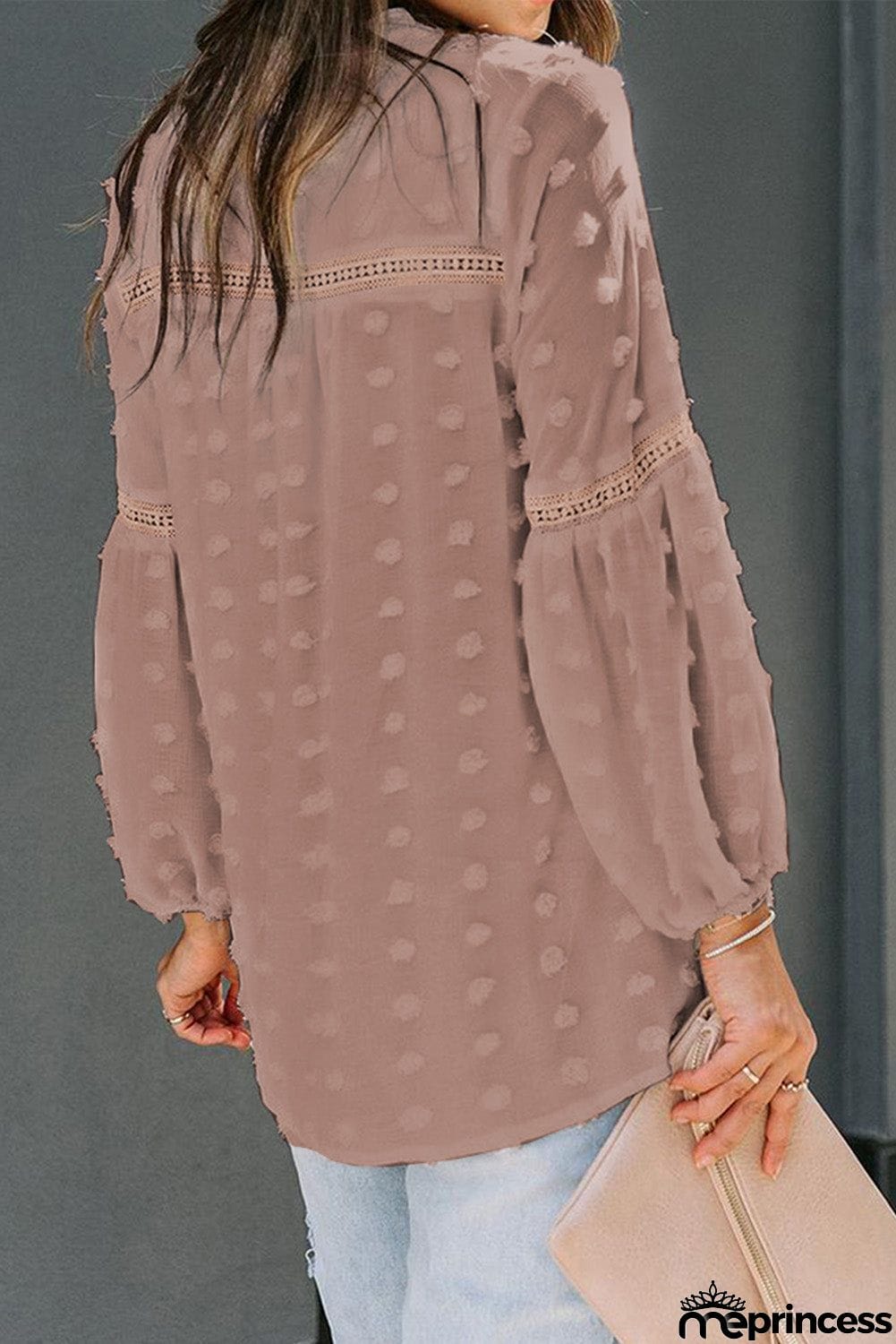 Ruffled Split Neck Lace Hollow Out Puff Sleeve Polka Dot Blouse
