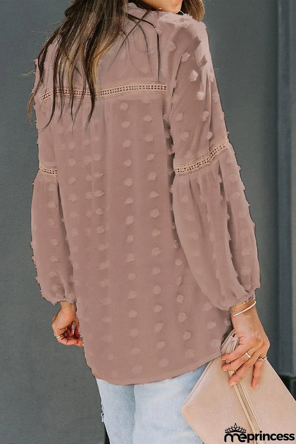 Ruffled Split Neck Lace Hollow Out Puff Sleeve Polka Dot Blouse