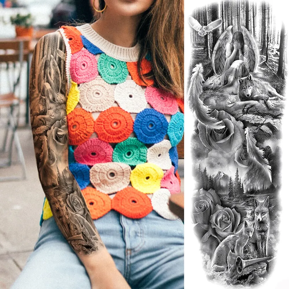 Black Military Maori Totem Temporary Sleeve Tattoos For Men Realistic Fake Full Arm3D Dragon Skull Wolf Lion Robot Tatoos Paste