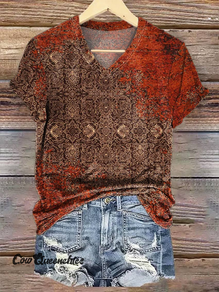 Women&rsquo;s Vintage Red Ethnic V-neck Casual T-Shirt Multicolor / S