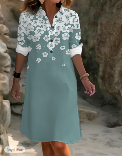 White Floral Print Cotton Button Long Sleeve Midi Shirt Dress