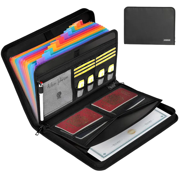 JUNDUN Accordion File Organizer - 12 Pocket Expanding File Folder with Zipper & Labels