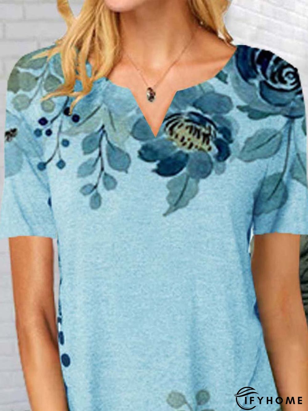Floral  Short Sleeve Printed  Cotton-blend  V neck  Casual Summer  Blue Top | IFYHOME
