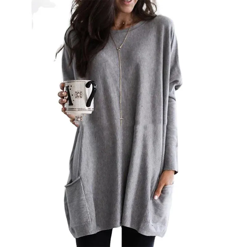Brownm Autumn Pullover Casual Round Neck Long Sleeve Pocket T-shirt Top