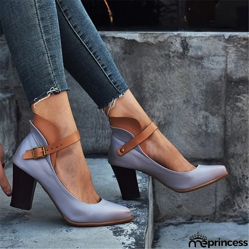 Stylish Ankle Strap Chunky High Heel Shoes