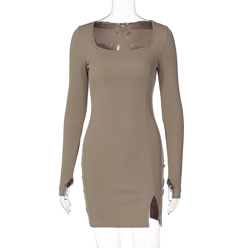 Hugcitar Green Solid Ribbed Long Sleeves Square Neck Mini Dress 2021 Fall Bodycon Sexy Party Club Elegant Y2K