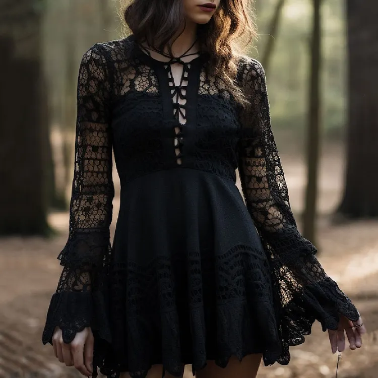 Vintage Gothic Cutout Lace Long Sleeve Mini Dress