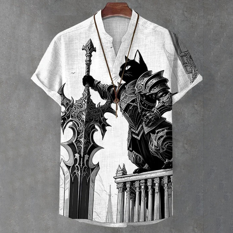 Men's Retro Cat Warrior Art Print Half Button Shirt  artssus