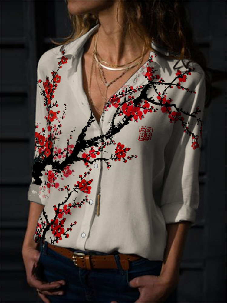 Plum Blossom Ancient Asian Brush Art Flowy Blouse artswardrobe